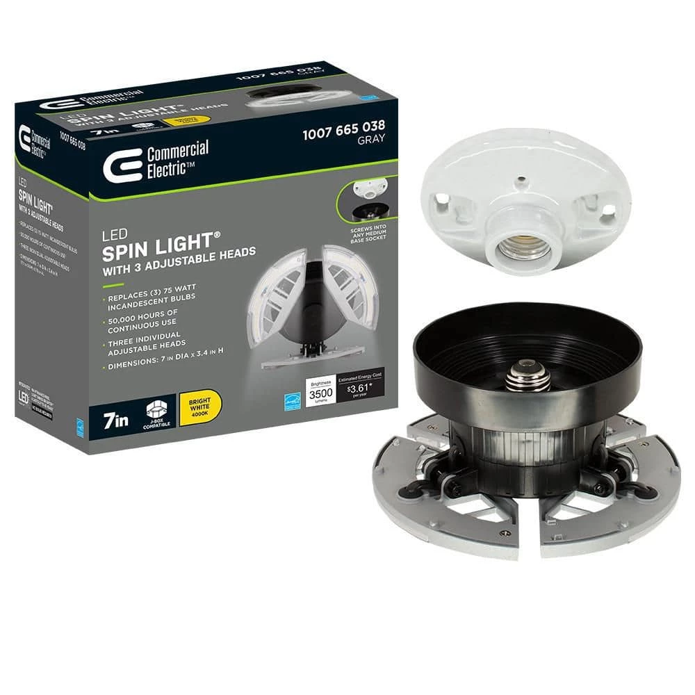 7 in. Spin Light 3 Adjustable Heads 3500 Lumens LED Flush Mount Garage Light and Basement - Screws into Lampholder by Commercial Electric 3 7 in. Spin Light 3 Adjustable Heads 3500 Lumens LED Flush Mount Garage Light and Basement - Screws into Lampholder by Commercial Electric