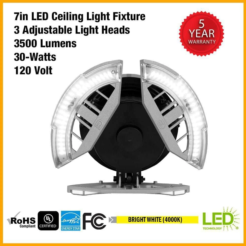 7 in. Spin Light 3 Adjustable Heads 3500 Lumens LED Flush Mount Garage Light and Basement - Screws into Lampholder by Commercial Electric 4 7 in. Spin Light 3 Adjustable Heads 3500 Lumens LED Flush Mount Garage Light and Basement - Screws into Lampholder by Commercial Electric - Image 2