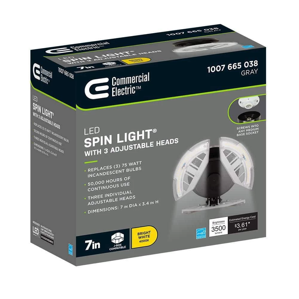 7 in. Spin Light 3 Adjustable Heads 3500 Lumens LED Flush Mount Garage Light and Basement - Screws into Lampholder by Commercial Electric 13 7 in. Spin Light 3 Adjustable Heads 3500 Lumens LED Flush Mount Garage Light and Basement - Screws into Lampholder by Commercial Electric - Image 11