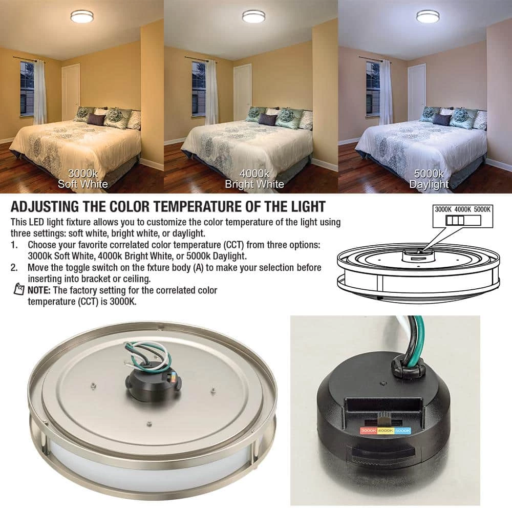 11 in. Orbit Round Brushed Nickel Color Selectable LED Flush Mount Ceiling Light 1000 Lumens Dimmable by Commercial Electric 5 11 in. Orbit Round Brushed Nickel Color Selectable LED Flush Mount Ceiling Light 1000 Lumens Dimmable by Commercial Electric - Image 3