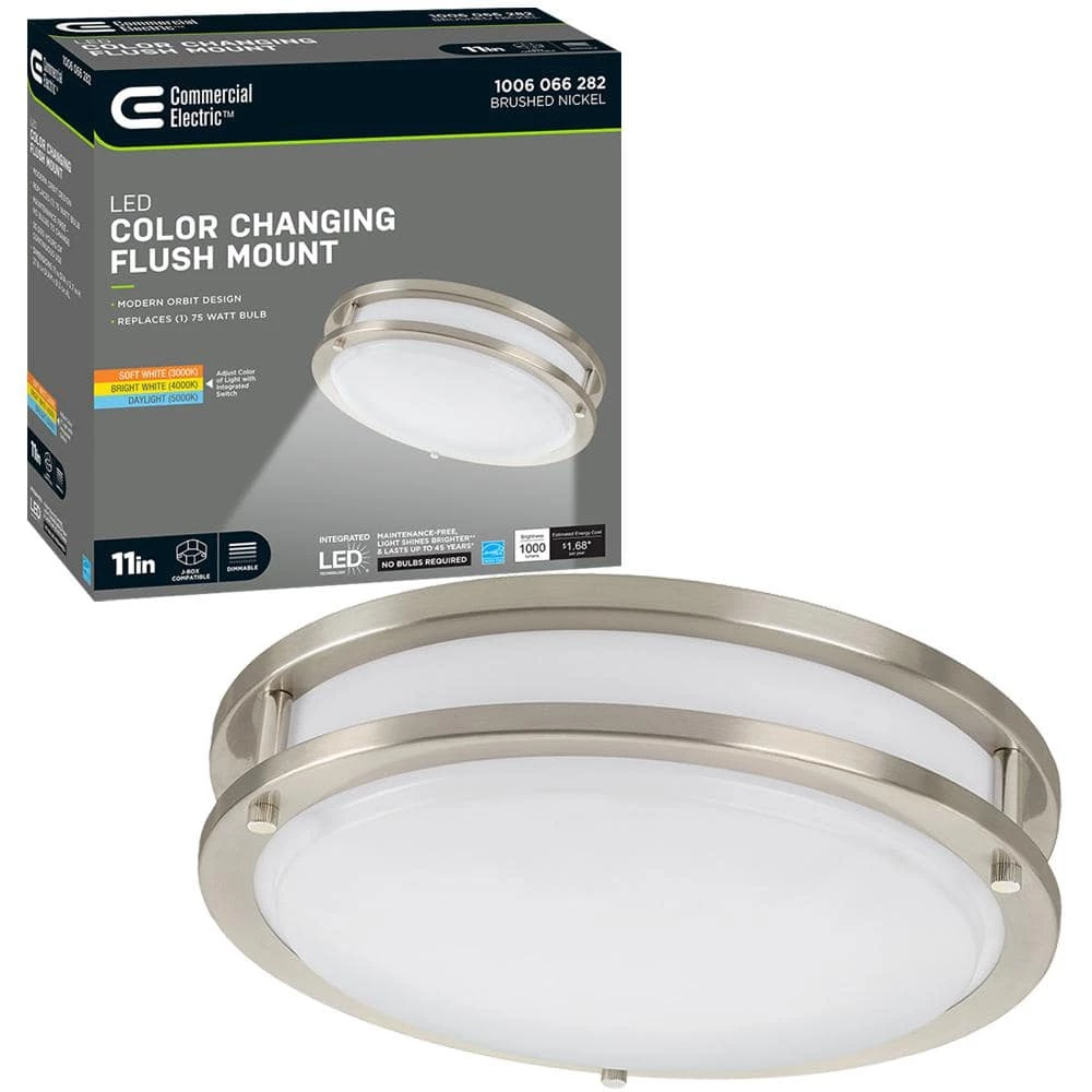 11 in. Orbit Round Brushed Nickel Color Selectable LED Flush Mount Ceiling Light 1000 Lumens Dimmable by Commercial Electric 3 11 in. Orbit Round Brushed Nickel Color Selectable LED Flush Mount Ceiling Light 1000 Lumens Dimmable by Commercial Electric