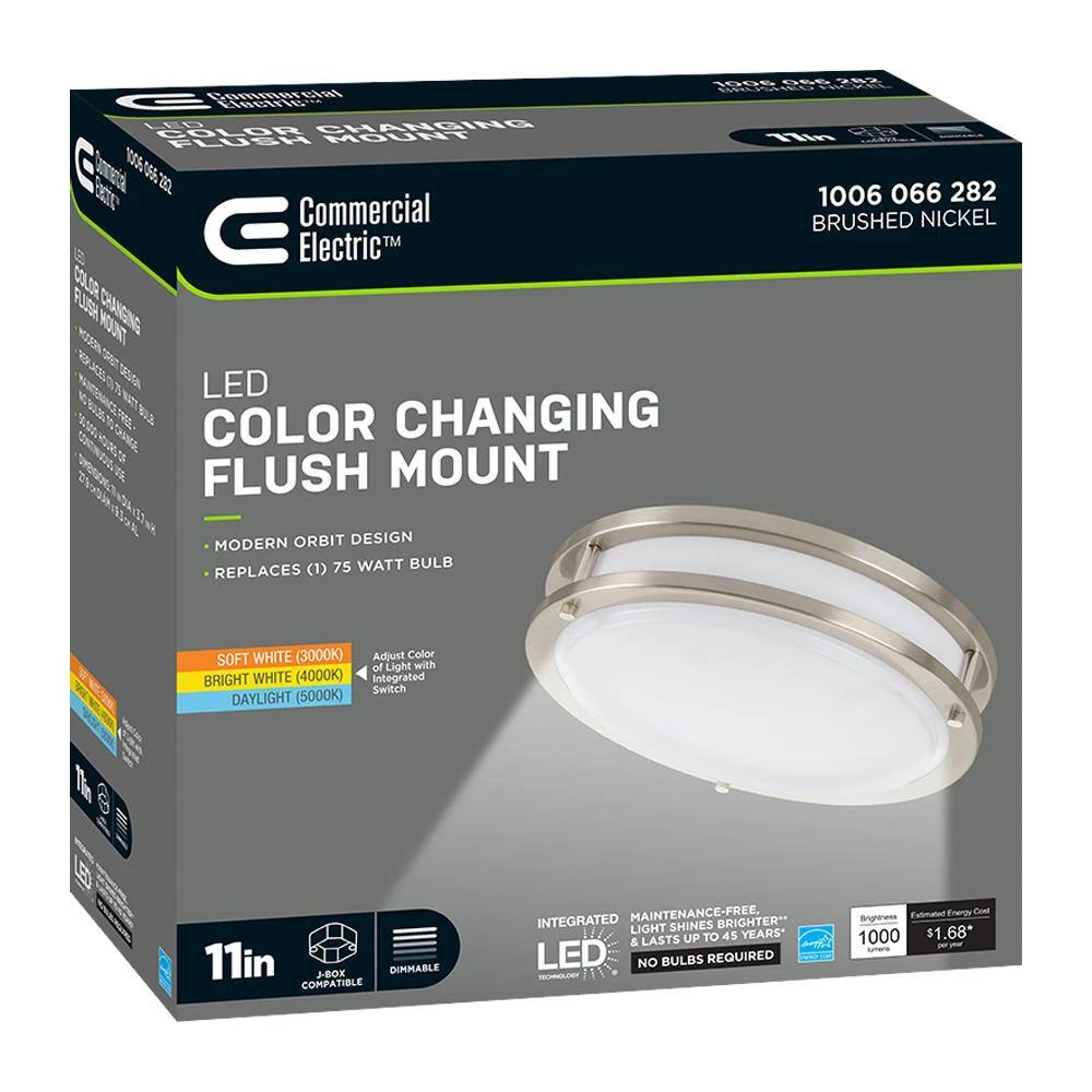 11 in. Orbit Round Brushed Nickel Color Selectable LED Flush Mount Ceiling Light 1000 Lumens Dimmable by Commercial Electric 14 11 in. Orbit Round Brushed Nickel Color Selectable LED Flush Mount Ceiling Light 1000 Lumens Dimmable by Commercial Electric - Image 12