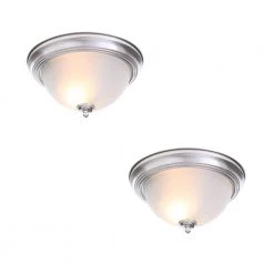 13 in. 2-Light Brushed Nickel Flush Mount with Frosted Glass Shade (2-Pack) by Commercial Electric