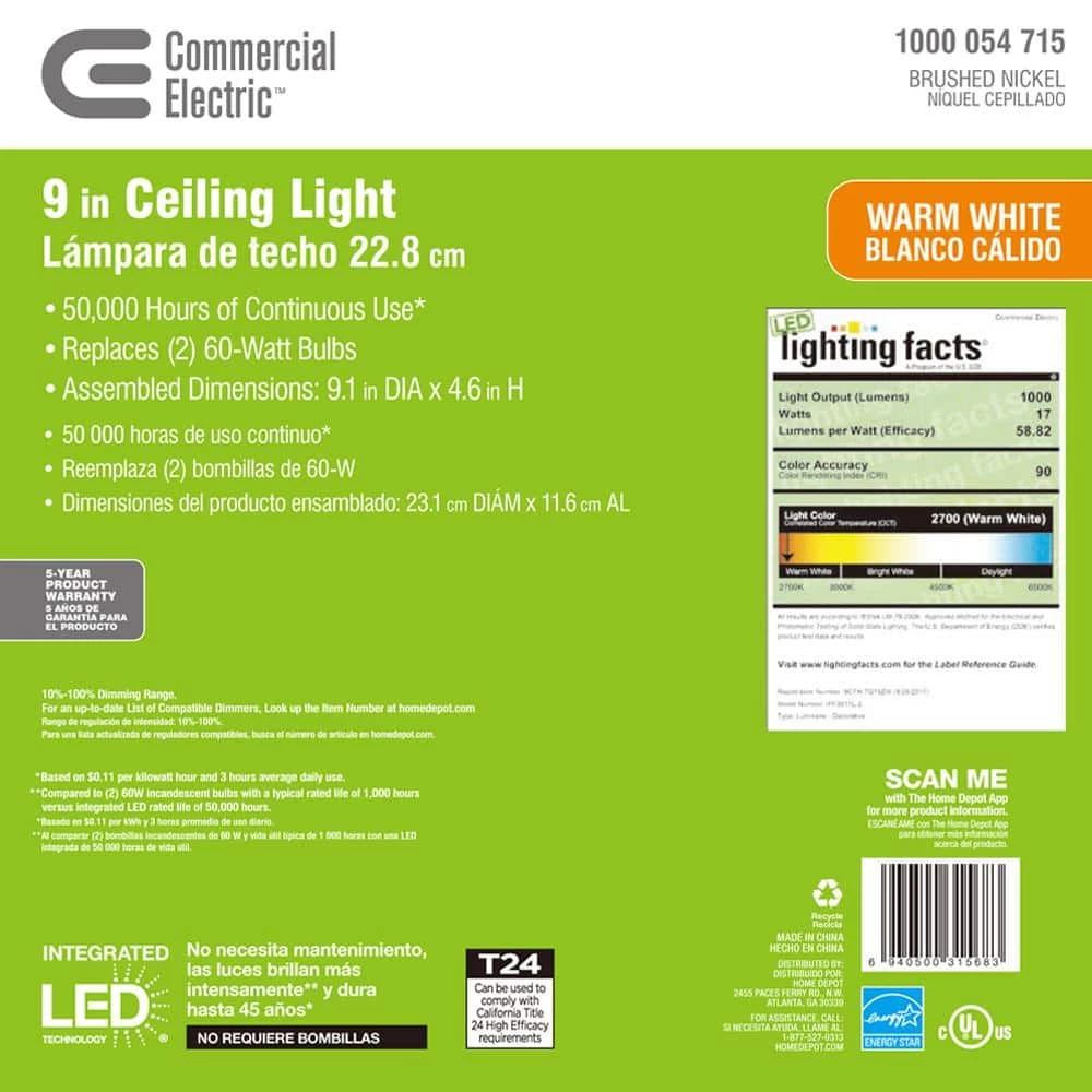 9 in. 120-Watt Equivalent Brushed Nickel Integrated LED Mushroom Flush Mount with White Acrylic Shade by Commercial Electric 12 9 in. 120-Watt Equivalent Brushed Nickel Integrated LED Mushroom Flush Mount with White Acrylic Shade by Commercial Electric - Image 10