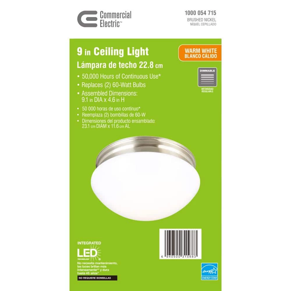 9 in. 120-Watt Equivalent Brushed Nickel Integrated LED Mushroom Flush Mount with White Acrylic Shade by Commercial Electric 13 9 in. 120-Watt Equivalent Brushed Nickel Integrated LED Mushroom Flush Mount with White Acrylic Shade by Commercial Electric - Image 11