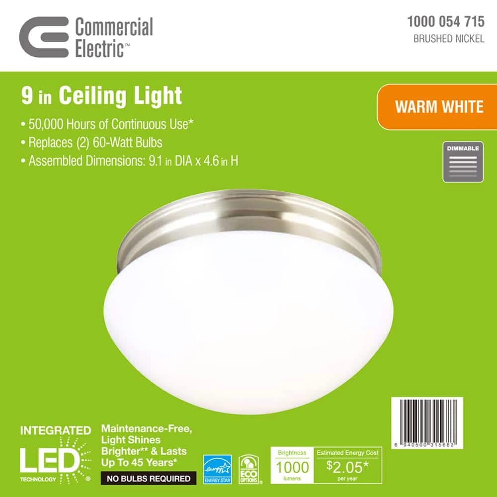9 in. 120-Watt Equivalent Brushed Nickel Integrated LED Mushroom Flush Mount with White Acrylic Shade by Commercial Electric 11 9 in. 120-Watt Equivalent Brushed Nickel Integrated LED Mushroom Flush Mount with White Acrylic Shade by Commercial Electric - Image 9