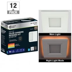 Ultra Slim 4 in. Square Canless Adjust Color Temp Integrated LED Recessed Light w/Night Light, Black Trim Opt (12-Pack) by Commercial Electric