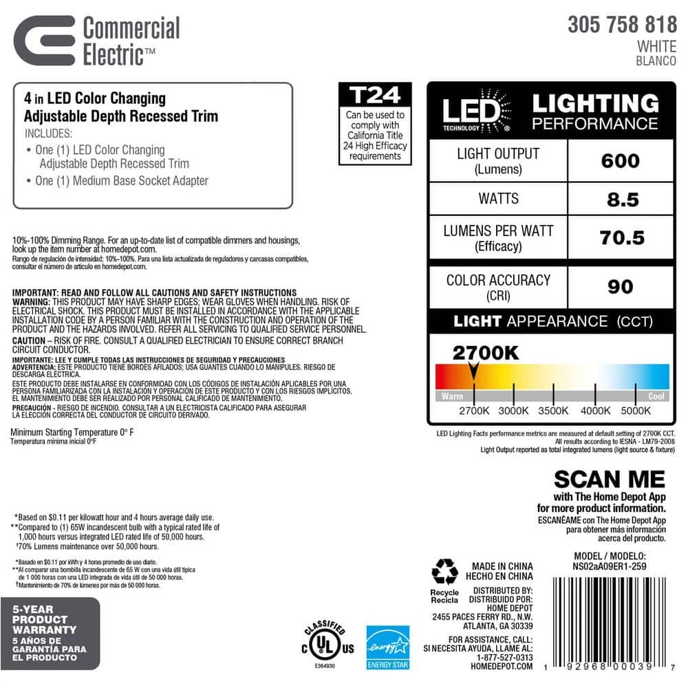 4 in. Selectable Integrated LED Recessed Adjustable Depth Trim by Commercial Electric 6 4 in. Selectable Integrated LED Recessed Adjustable Depth Trim by Commercial Electric - Image 5