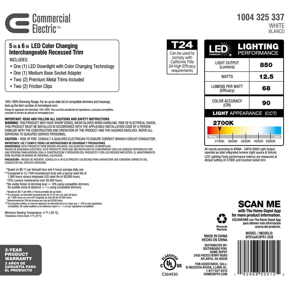 5/6 in. New Construction or Remodel Dimmable LED Recessed Interchangeable Trim with Adjustable Color Changing Technology by Commercial Electric 5 5/6 in. New Construction or Remodel Dimmable LED Recessed Interchangeable Trim with Adjustable Color Changing Technology by Commercial Electric - Image 3