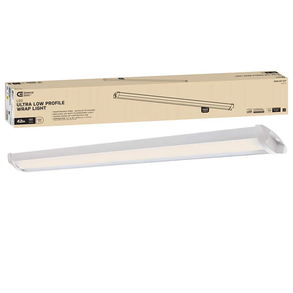 42 in. Low Profile Quick Install Garage Light Laundry Room Basement Integrated LED White Wraparound Light 3400 Lumens by Commercial Electric 3 42 in. Low Profile Quick Install Garage Light Laundry Room Basement Integrated LED White Wraparound Light 3400 Lumens by Commercial Electric