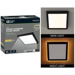 Low Profile 9 in. Matte Black Square LED Flush Mount with Night Light Feature J-Box Compatible Dimmable 900 Lumens by Commercial Electric