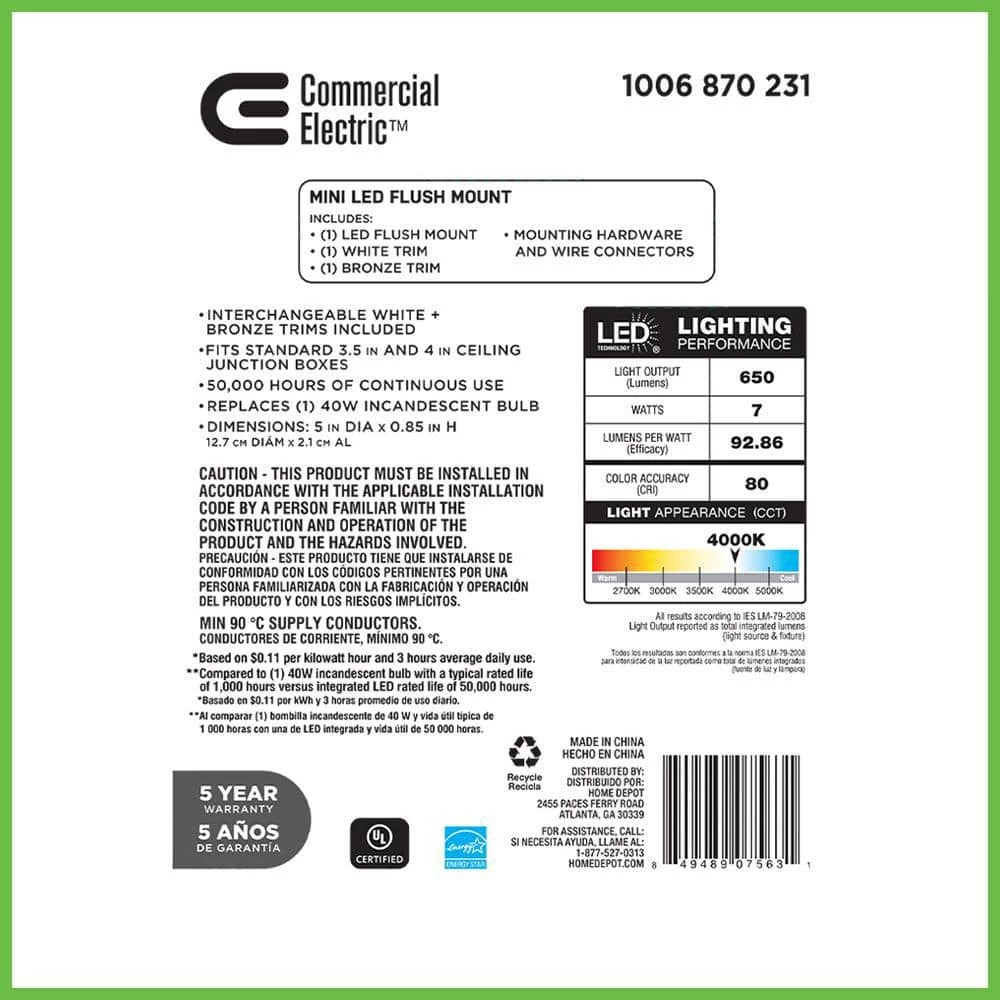 5 in. Mini Closet Light LED Flush Mount with White and Bronze Trims Fits 3.5 in. 4 in. Junction Boxes 7-Watts 650 Lumens by Commercial Electric 11 5 in. Mini Closet Light LED Flush Mount with White and Bronze Trims Fits 3.5 in. 4 in. Junction Boxes 7-Watts 650 Lumens by Commercial Electric - Image 9