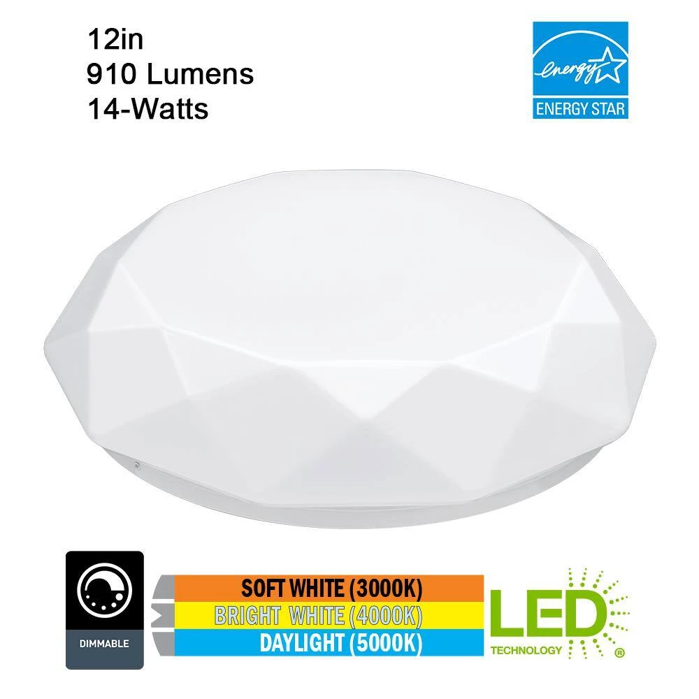 12 in. Diamond Color Selectable LED Flush Mount Ceiling Light 910 Lumens Dimmable (4-Pack) by Commercial Electric 4 12 in. Diamond Color Selectable LED Flush Mount Ceiling Light 910 Lumens Dimmable (4-Pack) by Commercial Electric - Image 2