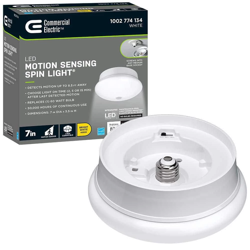 Spin Light 7 in. Motion Sensor LED Flush Mount Ceiling Light Customize Hold Times Closet Rated 830 Lumens 4000K by Commercial Electric 3 Spin Light 7 in. Motion Sensor LED Flush Mount Ceiling Light Customize Hold Times Closet Rated 830 Lumens 4000K by Commercial Electric