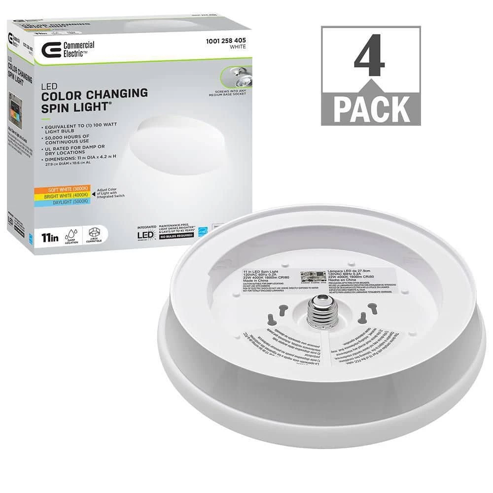 Spin Light 11 in. LED Flush Mount Ceiling Light High Output 1600 Lumens 22-Watt 4000K Bright White (4-Pack) by Commercial Electric 3 Spin Light 11 in. LED Flush Mount Ceiling Light High Output 1600 Lumens 22-Watt 4000K Bright White (4-Pack) by Commercial Electric