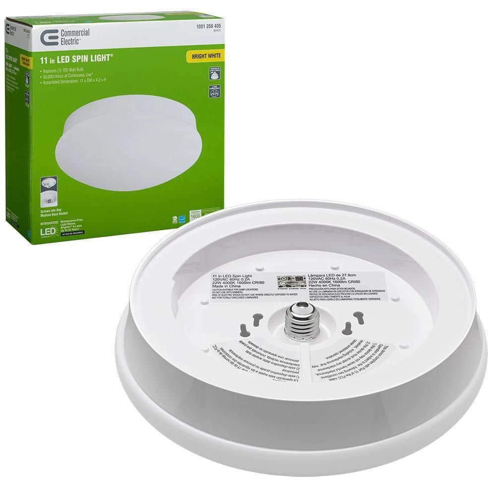 Spin Light 11 in. LED Flush Mount Ceiling Light High Output 1600 Lumens 22-Watt 4000K Bright White No Bulbs by Commercial Electric 3 Spin Light 11 in. LED Flush Mount Ceiling Light High Output 1600 Lumens 22-Watt 4000K Bright White No Bulbs by Commercial Electric