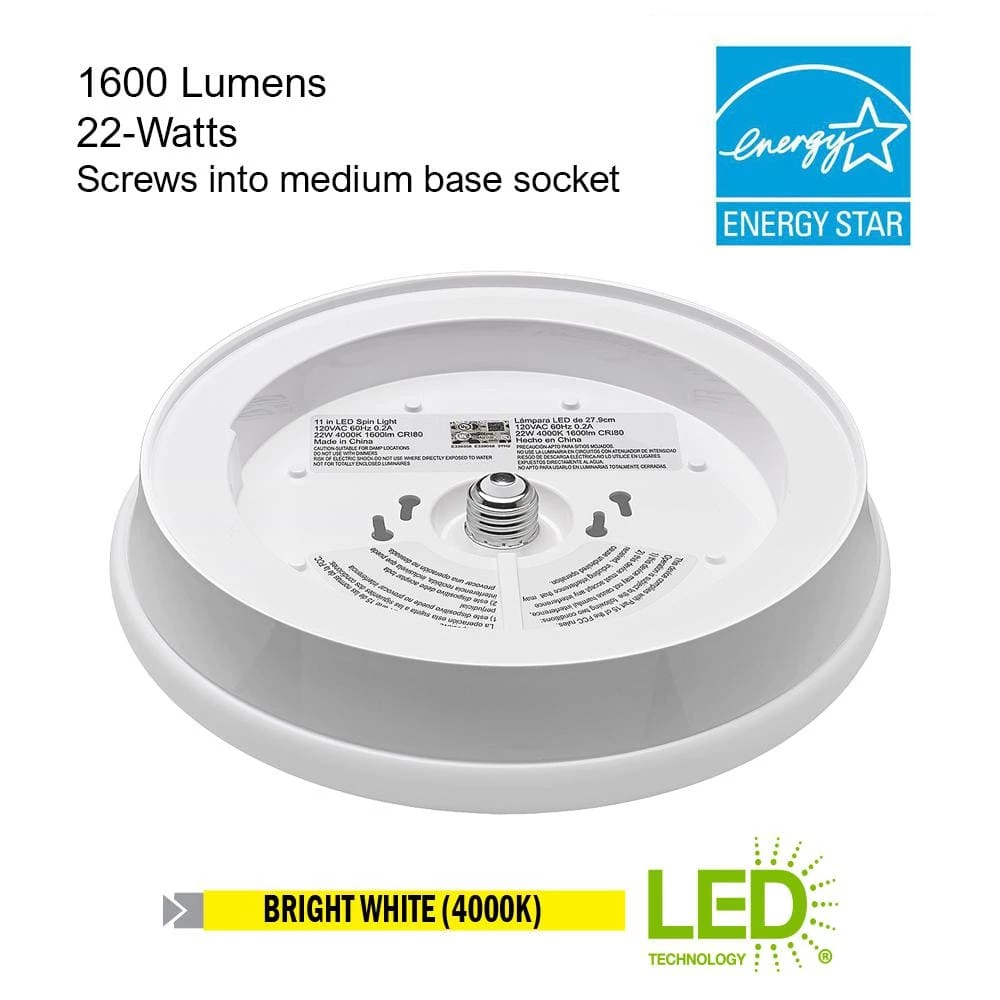 Spin Light 11 in. LED Flush Mount Ceiling Light High Output 1600 Lumens 22-Watt 4000K Bright White No Bulbs by Commercial Electric 4 Spin Light 11 in. LED Flush Mount Ceiling Light High Output 1600 Lumens 22-Watt 4000K Bright White No Bulbs by Commercial Electric - Image 2