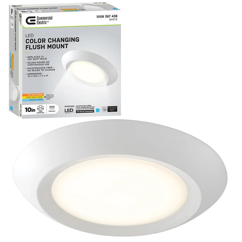 10 in. 18-Watt Color Selectable LED Flush Mount Disk Light J-Box Compatible Dimmable 1500 Lumens by Commercial Electric 3 10 in. 18-Watt Color Selectable LED Flush Mount Disk Light J-Box Compatible Dimmable 1500 Lumens by Commercial Electric