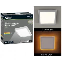 Low Profile 9 in. White Square LED Flush Mount with Night Light Feature J-Box Compatible Dimmable 900 Lumens by Commercial Electric