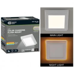 Low Profile 5 in. White Square LED Flush Mount with Night Light Feature J-Box Compatible Dimmable 500 Lumens by Commercial Electric