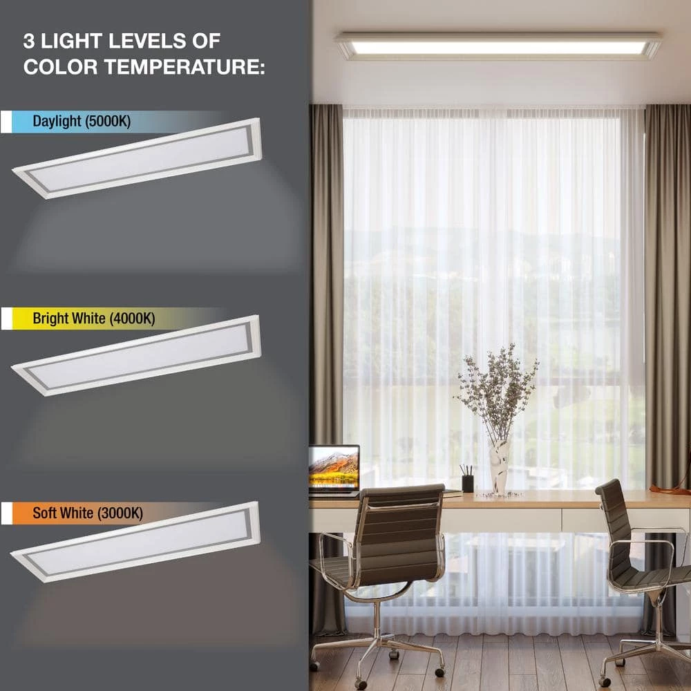 Augusta 50 in. x 15 in. Satin Nickel, White Frame CCT Selectable LED Flush Mount Ceiling Light 4000 Dimmable Lumens by Commercial Electric 4 Augusta 50 in. x 15 in. Satin Nickel, White Frame CCT Selectable LED Flush Mount Ceiling Light 4000 Dimmable Lumens by Commercial Electric - Image 2