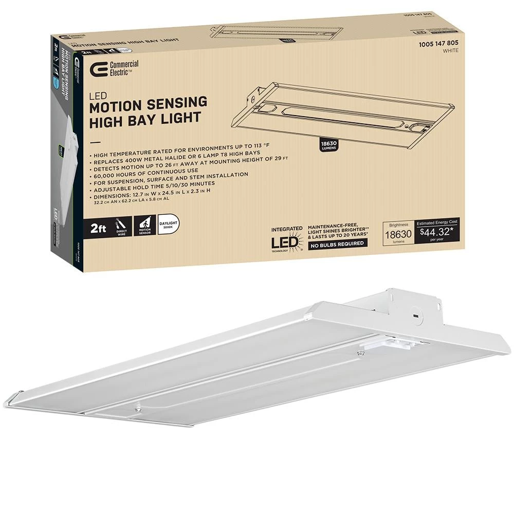 2 ft. 400-Watt Equivalent Motion Sensor Integrated LED White High Bay Light 18,000 Lumens Easy Wire Access 138-Watts by Commercial Electric 3 2 ft. 400-Watt Equivalent Motion Sensor Integrated LED White High Bay Light 18,000 Lumens Easy Wire Access 138-Watts by Commercial Electric
