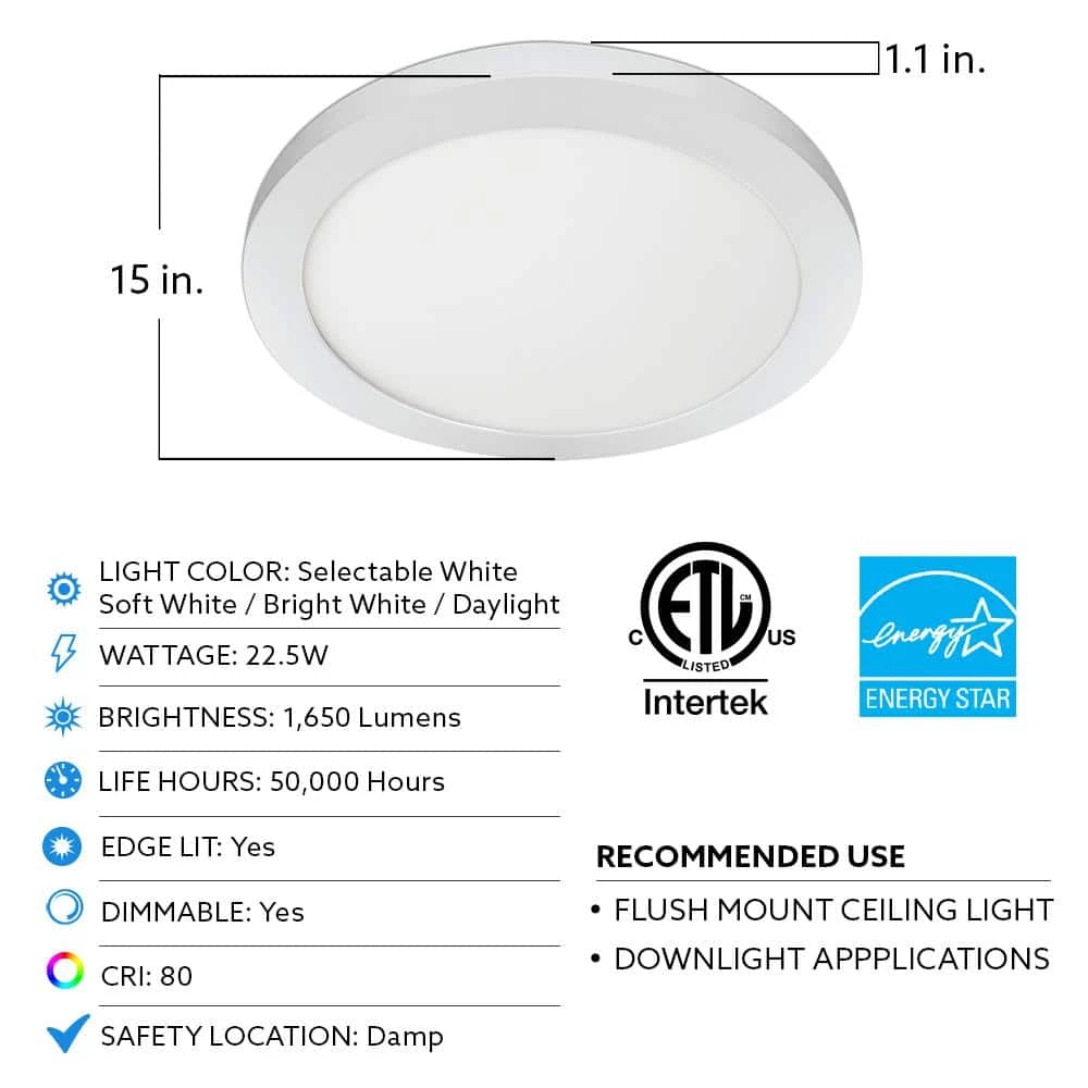 15 in. 22.5-Watt White Integrated LED 1650 Lumens Edge-Lit Round Flat Panel Flush Mount Ceiling Light w/Color Changing by Commercial Electric 4 15 in. 22.5-Watt White Integrated LED 1650 Lumens Edge-Lit Round Flat Panel Flush Mount Ceiling Light w/Color Changing by Commercial Electric - Image 2