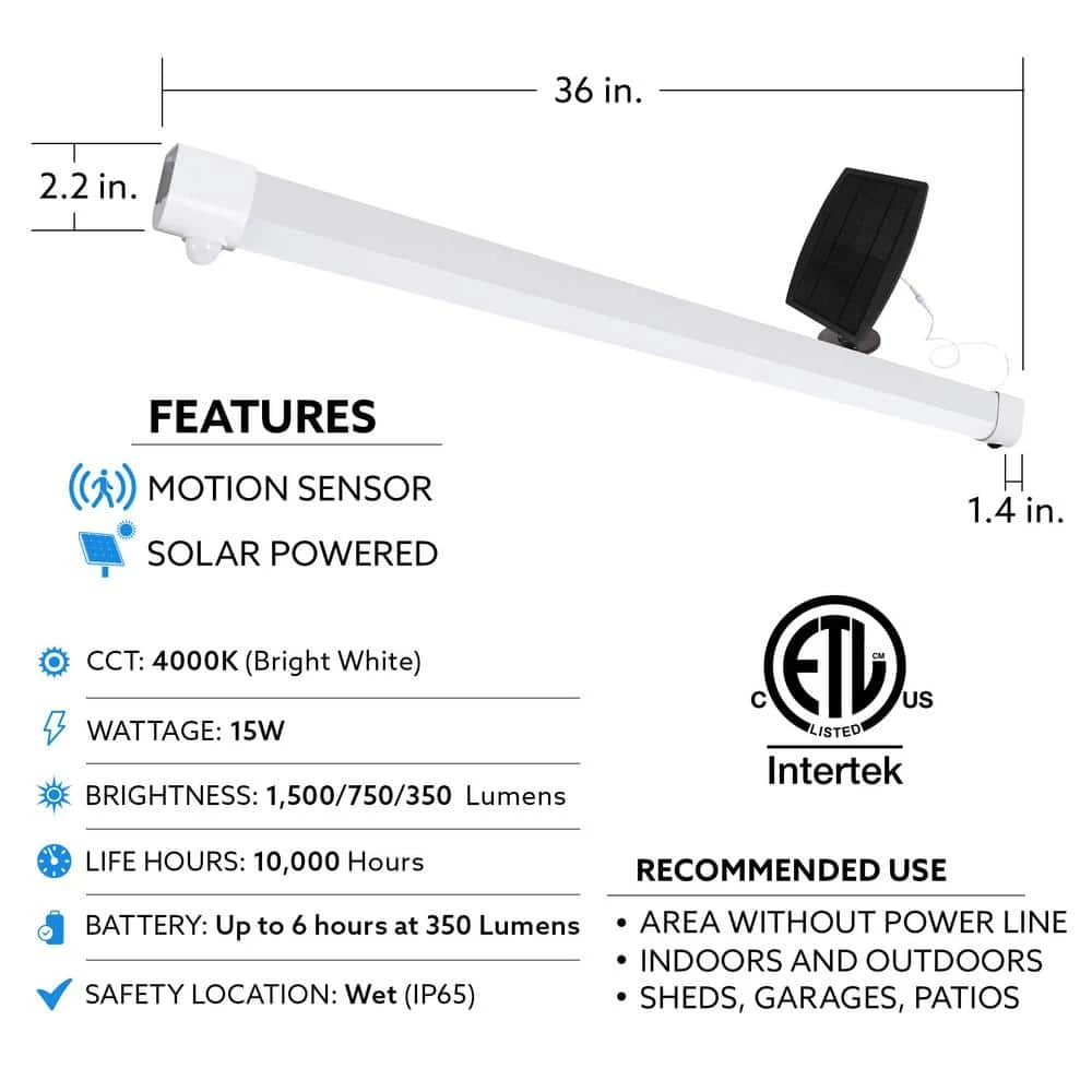 3 ft. 1-Light 6-Watt Equivalent Integrated LED White Shop Light with Solar Panel by Commercial Electric 5 3 ft. 1-Light 6-Watt Equivalent Integrated LED White Shop Light with Solar Panel by Commercial Electric - Image 3