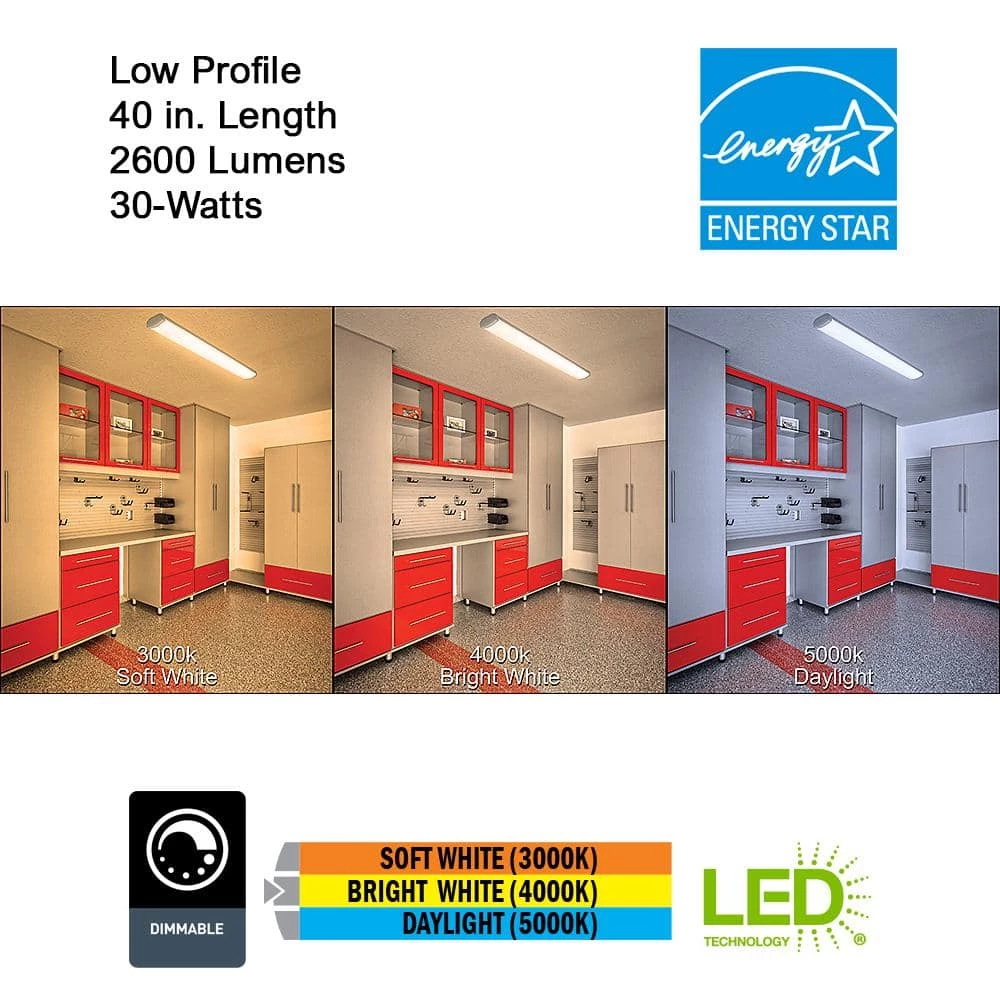 Low Profile 40 in. Integrated LED White Strip Light Fixture 2600 Lumens Color Selectable Dimmable (4-Pack) by Commercial Electric 4 Low Profile 40 in. Integrated LED White Strip Light Fixture 2600 Lumens Color Selectable Dimmable (4-Pack) by Commercial Electric - Image 2