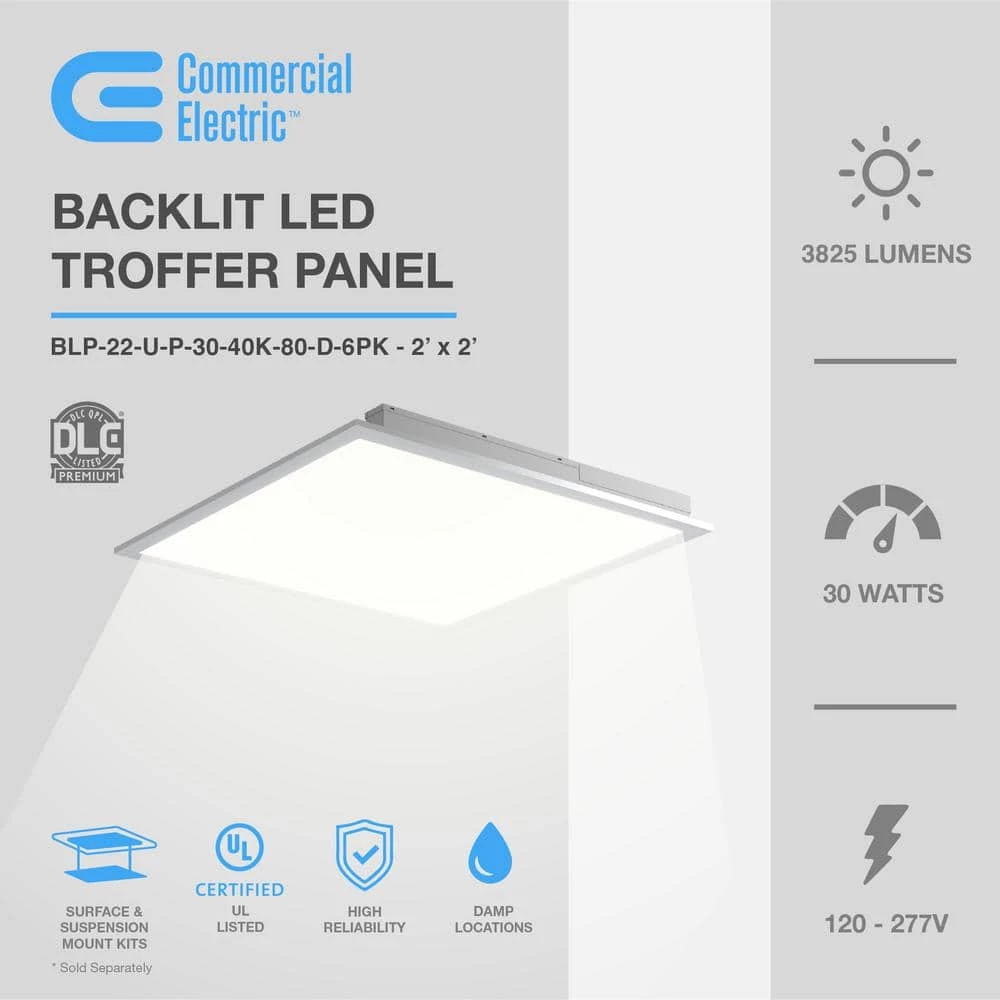 2 ft. x 2 ft. 250-Watt Equivalent Integrated LED White Backlit Troffer, 3825 Lumens, 4000K Bright White (6-Pack) by Commercial Electric 5 2 ft. x 2 ft. 250-Watt Equivalent Integrated LED White Backlit Troffer, 3825 Lumens, 4000K Bright White (6-Pack) by Commercial Electric - Image 3