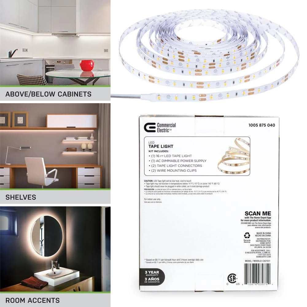 16 ft. LED AC Dimmable White Tape Light Kit Under Cabinet Light by Commercial Electric 7 16 ft. LED AC Dimmable White Tape Light Kit Under Cabinet Light by Commercial Electric - Image 5