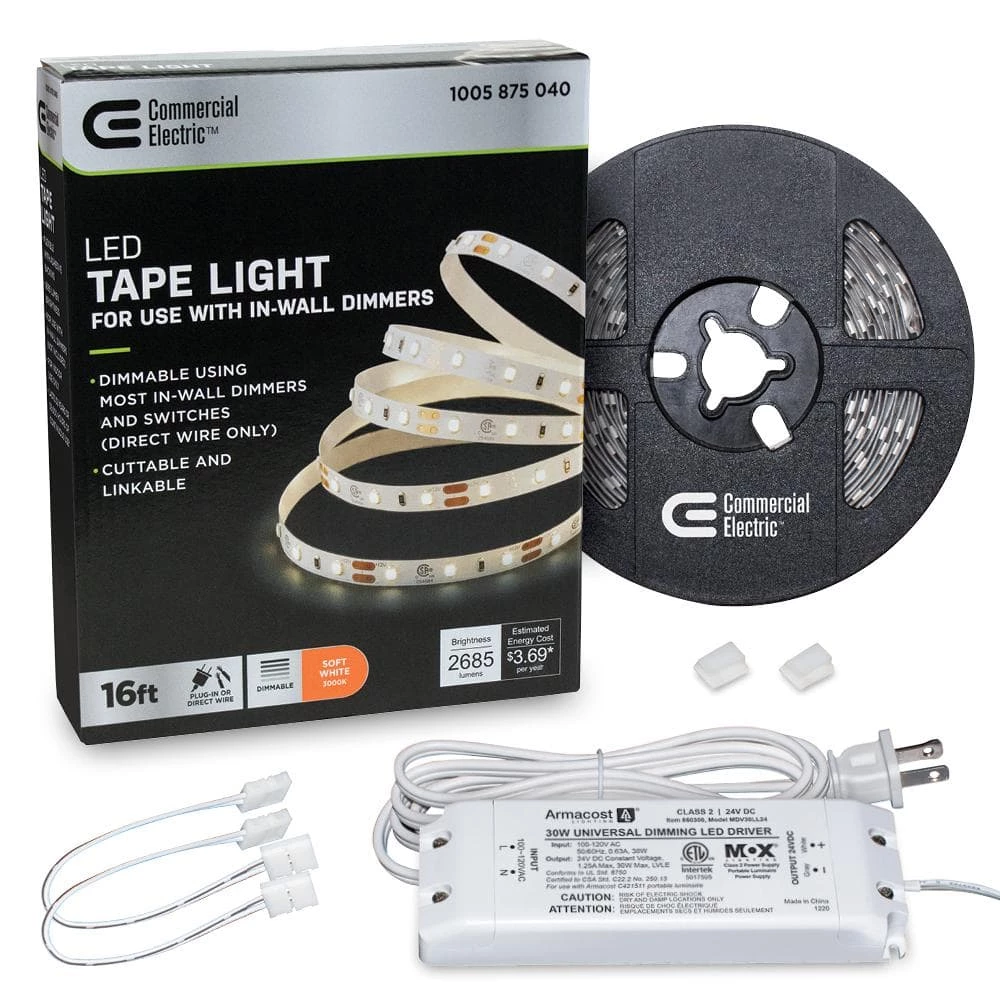 16 ft. LED AC Dimmable White Tape Light Kit Under Cabinet Light by Commercial Electric 3 16 ft. LED AC Dimmable White Tape Light Kit Under Cabinet Light by Commercial Electric