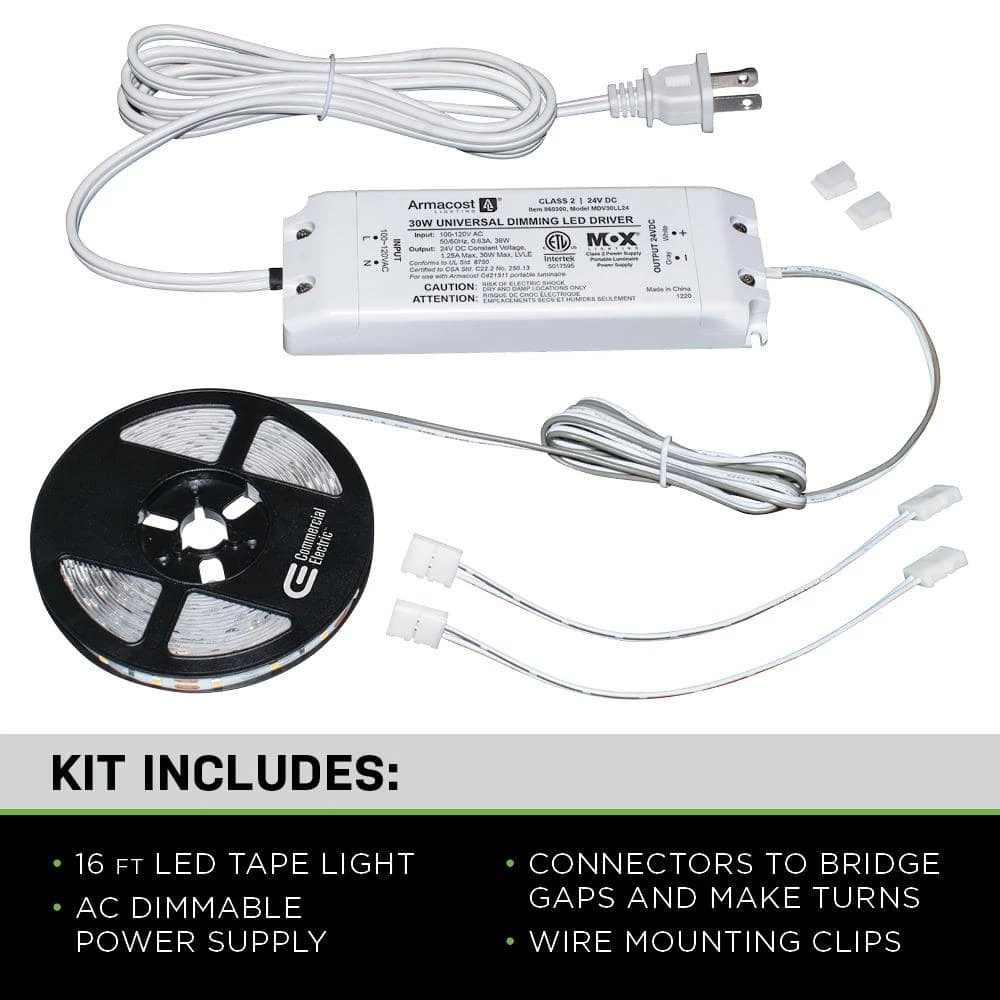 16 ft. LED AC Dimmable White Tape Light Kit Under Cabinet Light by Commercial Electric 4 16 ft. LED AC Dimmable White Tape Light Kit Under Cabinet Light by Commercial Electric - Image 2