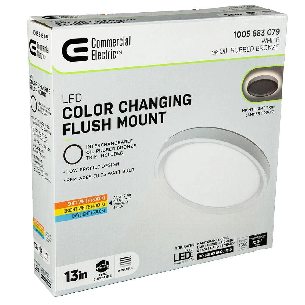 13 in. Color Selectable LED Flush Mount with Night Light Feature Optional White and Oil Rubbed Bronze Trim Rings by Commercial Electric 14 13 in. Color Selectable LED Flush Mount with Night Light Feature Optional White and Oil Rubbed Bronze Trim Rings by Commercial Electric - Image 12